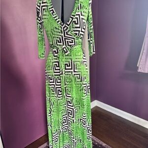 Janette brand faux wrap Green and Black Maxi Dress with V-Neck and 3/4 Sleeves